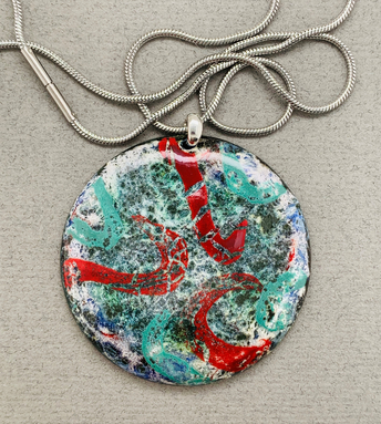 Teal and Red Swirled Enamel Disc Pendant